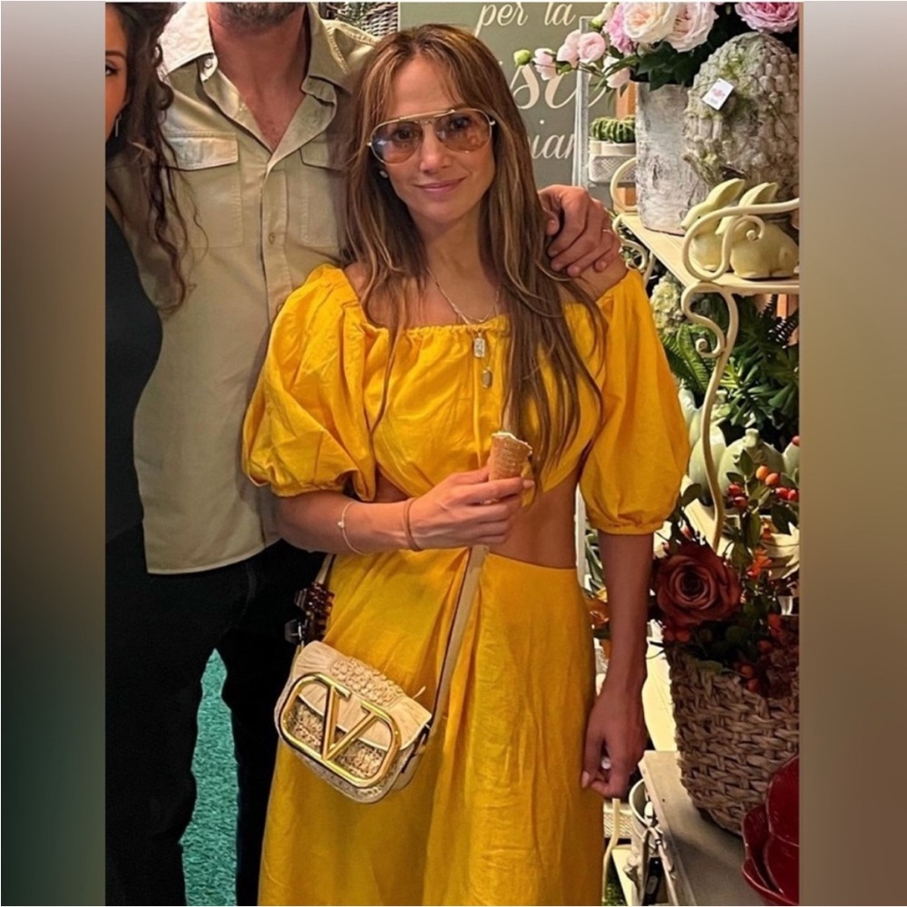 Farm Rio Yellow Midi Cutout Dress size Small Linen as seen on J.Lo